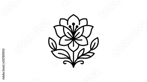 Minimalist black and white line art illustration of a stylized blooming flower with leaves.