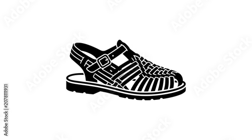 A black and white graphic illustration of a classic fisherman style sandal.