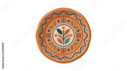 A decorative circular plate featuring intricate folk art patterns and botanical motifs.