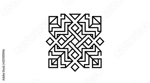 Intricate geometric knotwork pattern featuring symmetrical interlaced lines and decorative square motifs.