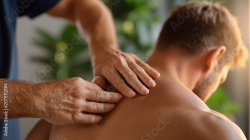 Chiropractor is adjusting patient back in professional clinic setting, focusing on wellness and relaxation. atmosphere is calm and therapeutic