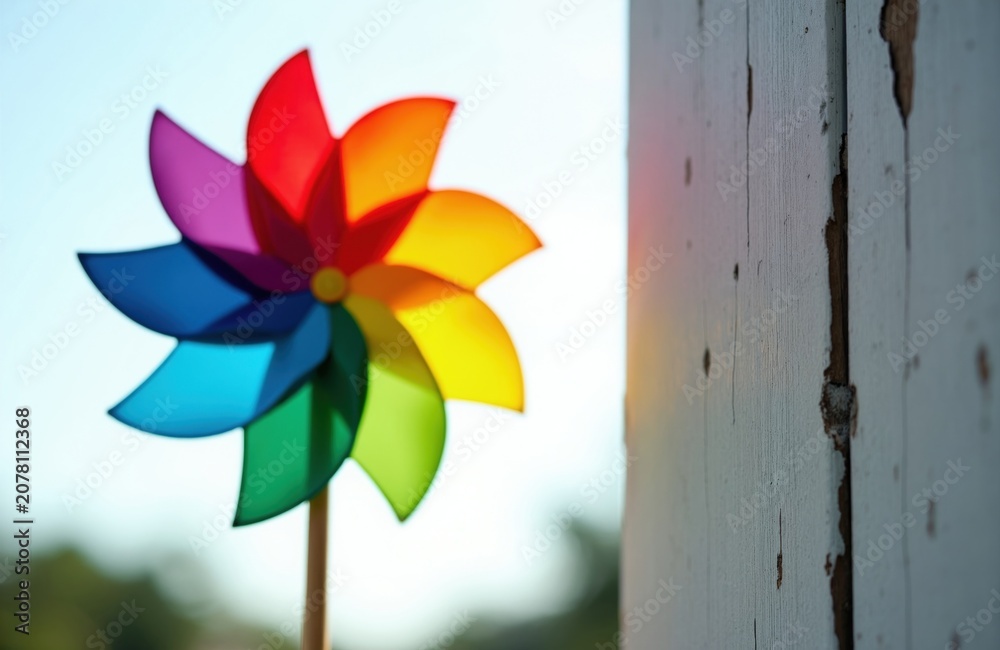 Naklejka premium Colorful pinwheel toy spins in wind against blurred sky. Toy has rainbow blades on wooden stick. It sits near rustic white wooden post. Outdoor scene has bright sunny day feel.