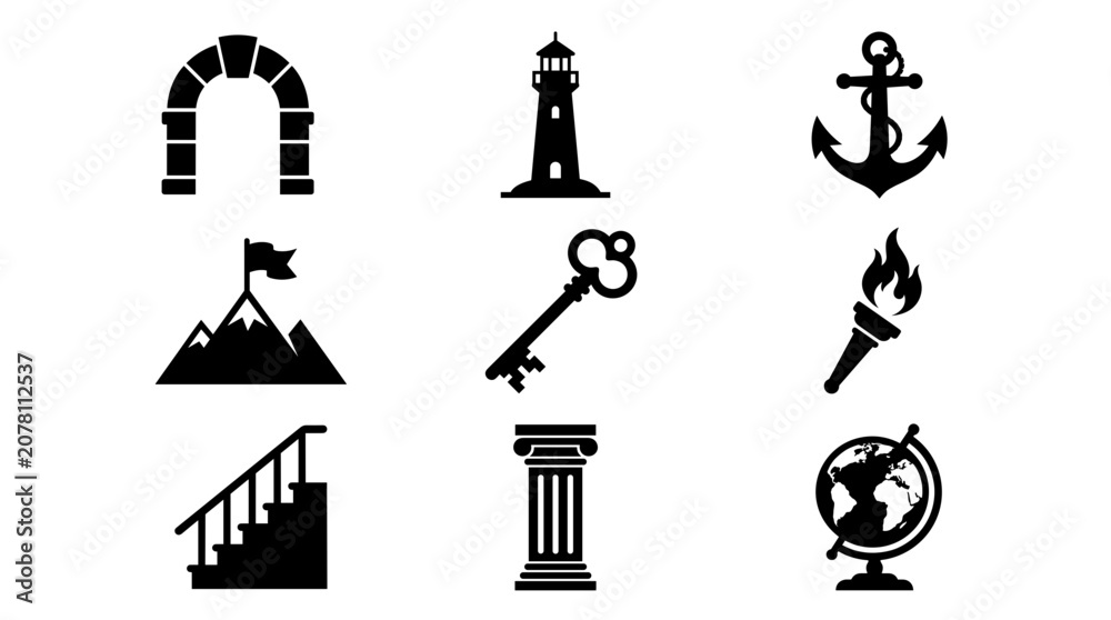 Naklejka premium Collection of various black silhouette icons on white background