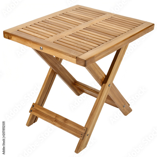 Wooden folding stool with slatted seat and x frame legs white background