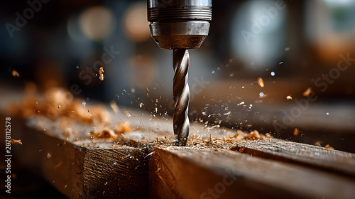 Drill bit creates precise holes in wooden plank, with wood shavings flying around, showcasing dynamic process of woodworking. scene captures essence of craftsmanship and precision
