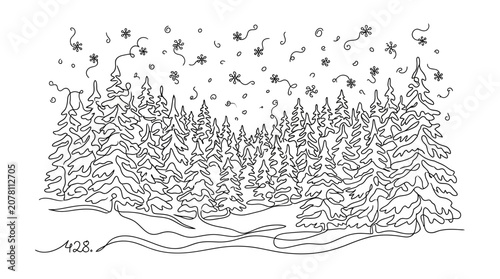 Continuous line drawing of winter pine forest with falling snow background