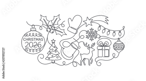 Continuous one line art of Christmas 2026 festive elements with reindeer tree and ornaments