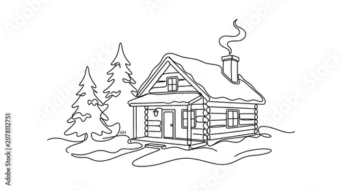 Continuous one line drawing of a cozy winter log cabin with snow and pine trees