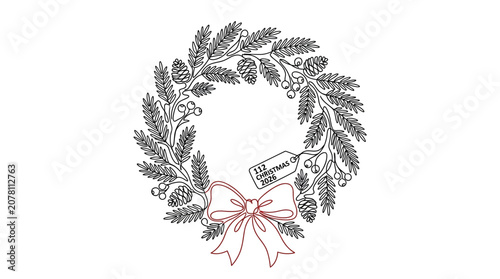 Continuous one line drawing of a festive Christmas wreath with ribbon bow and berries