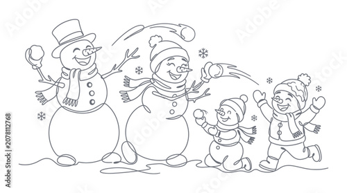 Continuous One Line Drawing of a Happy Snowman Family and Child Playing Snowball Fight