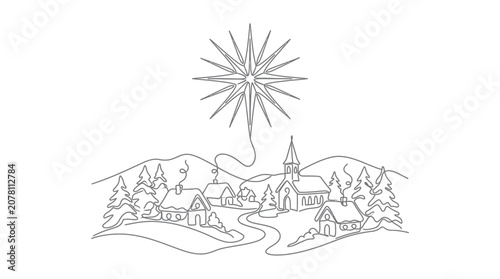 Continuous one line drawing of a peaceful winter village landscape with star and houses