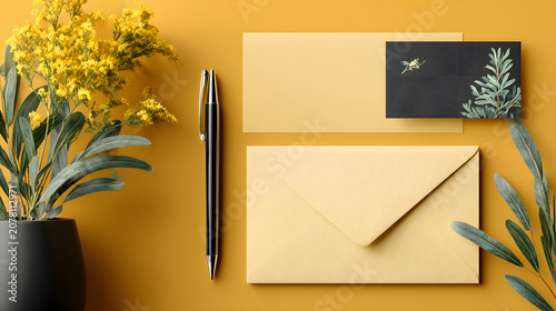 Yellow stationery set with envelope, card, and pen on vibrant background, complemented by green foliage and yellow flowers, creating fresh and elegant branding mockup
