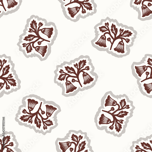 Hand drawn folk art floral seamless pattern. Flat isolated all over design vector illustration. Botanical scandi summer fall nature design style. Quirky flower block print stylish texture repeat