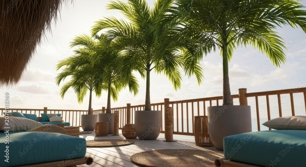 Fototapeta premium Tropical Resort Lounge Area Overlooking Ocean Horizon With Palm Trees