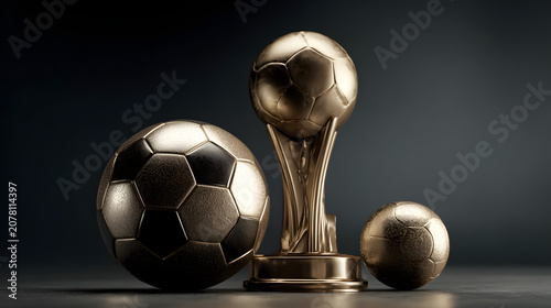 soccer trophy and football composition, minimal layout, photorealistic, studio lighting, high detail, 8k --ar 16:9 --v 7.0