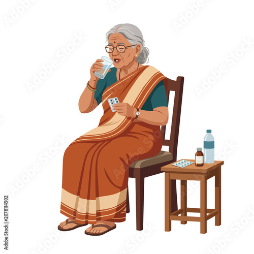 Senior Indian woman with gray hair and glasses sitting on wooden chair taking medicine pill with glass of water wearing traditional orange saree flat vector illustration