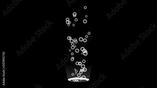 Effervescent bubbles rising in liquid glass on black background, abstract carbonation chemistry fluid dynamics concept