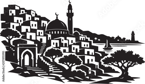 Islamic Coastal Hillside City With Mosque
