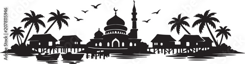 Tropical Island Village With Islamic Mosque
