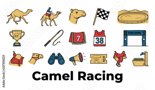 Set of Camel Racing Vector Icons. Sport and Desert Animal Theme Collection.