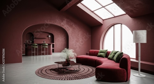 Luxurious maroon living space with curved sofa and arches.