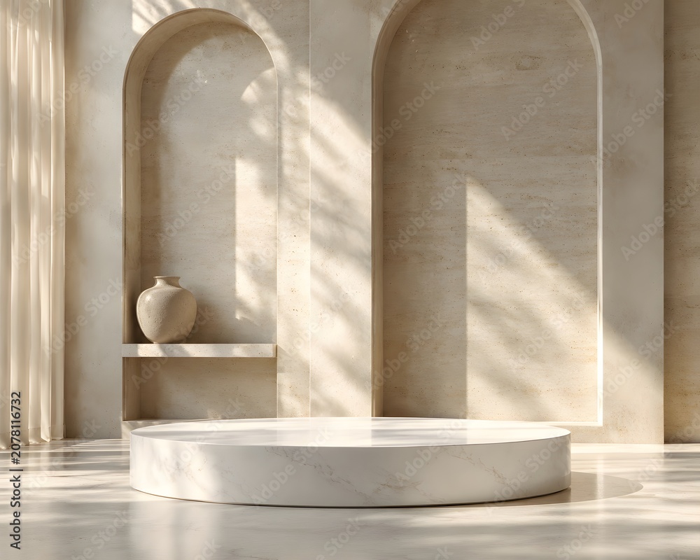 Fototapeta premium Empty stone pedestal for product display in modern arch room
