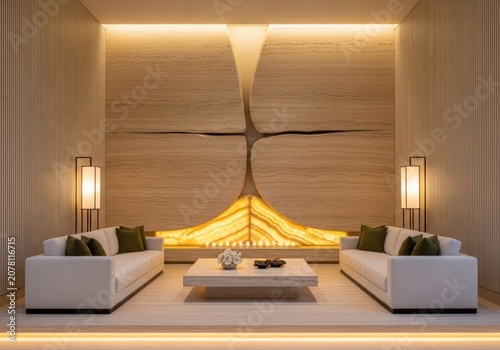 Luxurious modern living room with glowing sculptural feature wall.