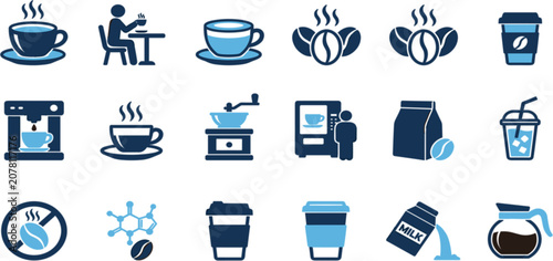 Bild auf Leinwand Coffee shop and cafe flat icon set featuring espresso cups, roasted beans, brewi