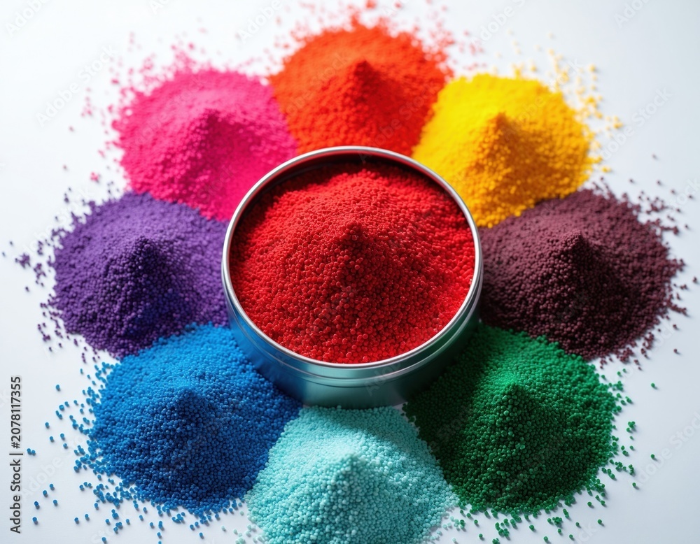Fototapeta premium Colorful plastic masterbatch granules arranged in circle. Various pigment pellets are ready for industrial use in manufacturing. Material for polymer coloring and production.