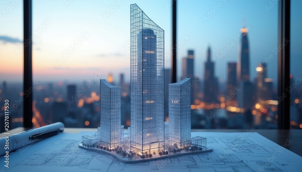 Obraz premium Architectural model of skyscrapers on blueprint with cityscape background at dusk. Planning urban development construction project. Modern city design.