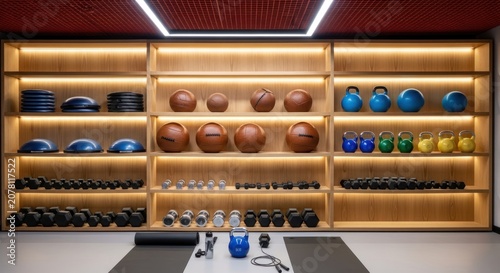 Luxury fitness center storage featuring balls and kettlebells.