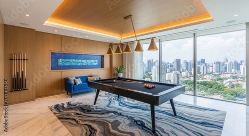 Luxury game room with pool table and city view.