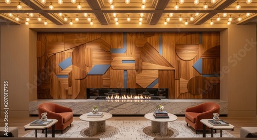 Luxury hotel lobby with linear fireplace and coffered ceiling.