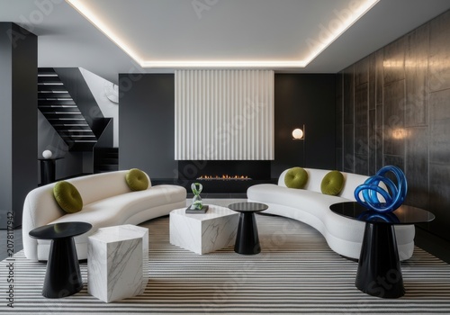 Luxury modern living room with curved white sofa.