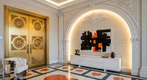 Luxury room with ornate golden doors and abstract art.
