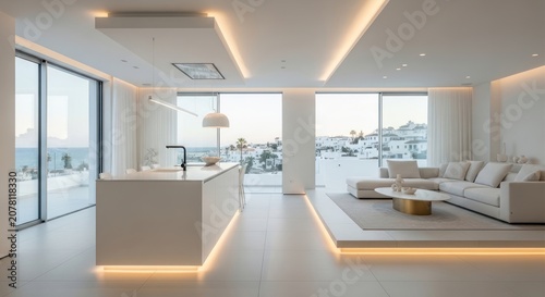 Luxury white penthouse kitchen and lounge with ocean view.