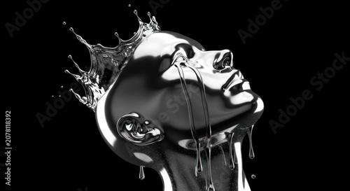 Metallic silver head sculpture with splashing water crown.