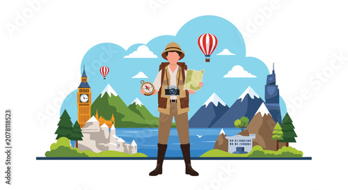 Brave traveler holding a compass and map stands in front of a collage of world landmarks, snowy mountains, and hot air balloons.