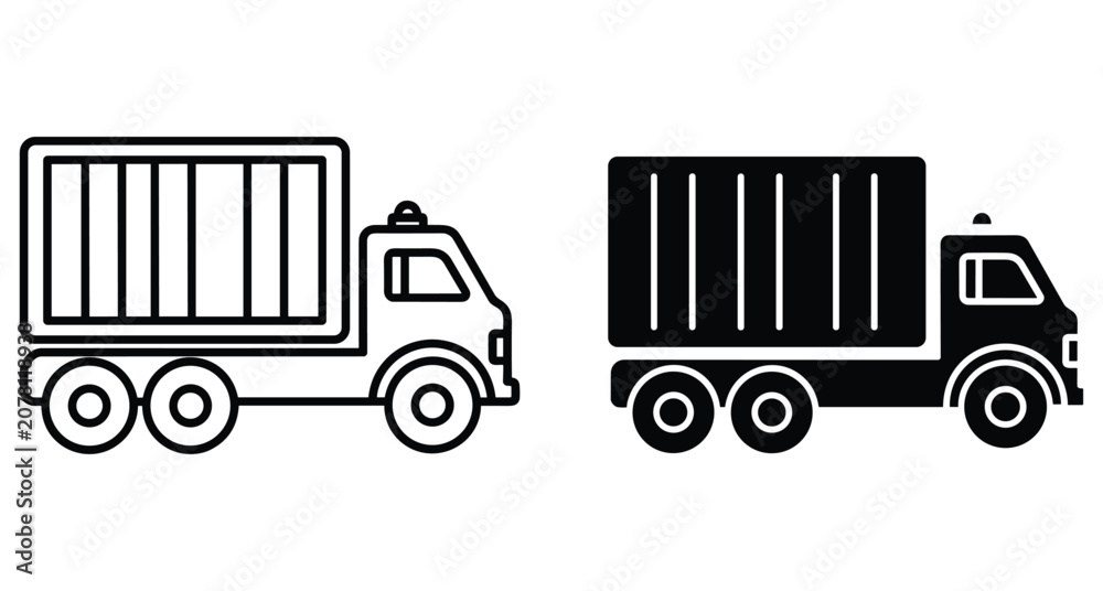 Fototapeta premium Cargo delivery truck icon set with outline and solid black versions for logistics transportation shipping distribution and commercial vehicle services