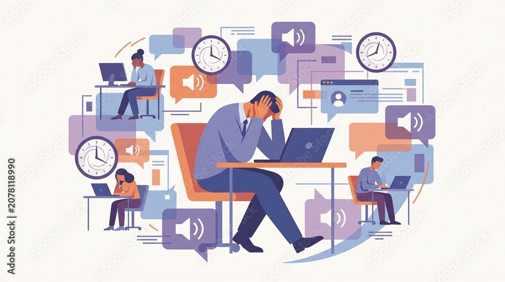 Fototapeta premium Stressed professional employees working at desks with digital overload and constant noisy communication bubble notifications