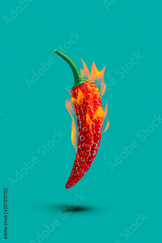 Fiery red chili pepper covered in water droplets, suspended against a vibrant turquoise background with dramatic flames.