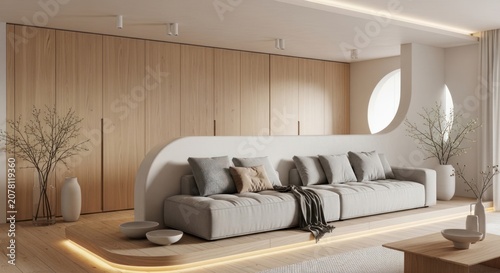 Minimalist living room with grey sofa and wood paneling.