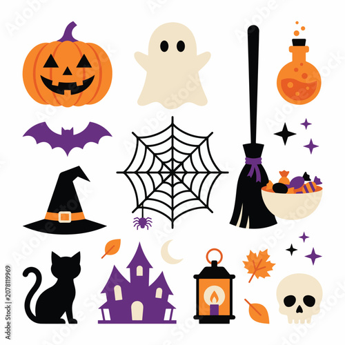 Cute halloween vector elements collection with pumpkin ghost and spooky icons