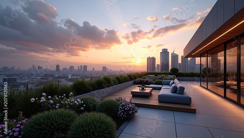 Stylish rooftop terrace with blue lounge sofa, lush floral greenery and sunset city skyline