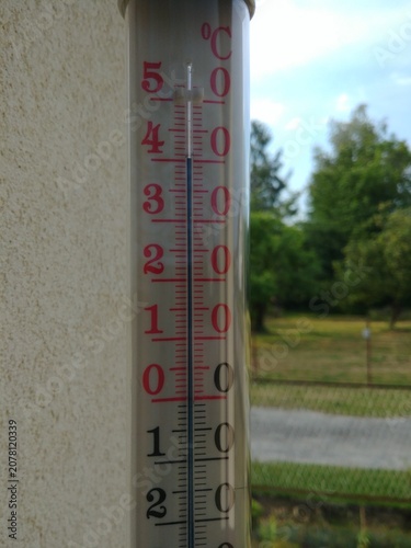 Record high temperature on thermometer in shade outside window in June in southern Poland in 2026. 40 degrees Celsius during inflow of tropical air. Topics: weather anomalies, heat, summer, season