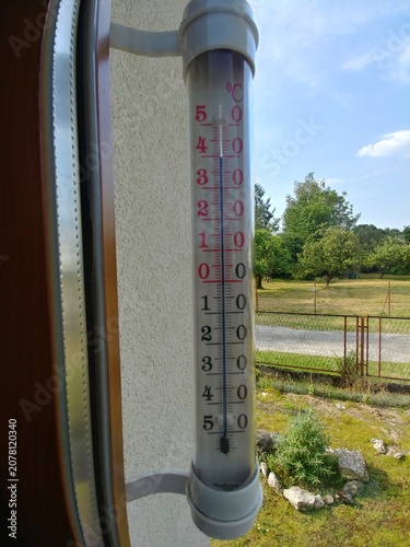 Record high temperature on thermometer in shade outside window in June in southern Poland in 2026. 40 degrees Celsius during inflow of tropical air. Topics: weather anomalies, heat, summer, season