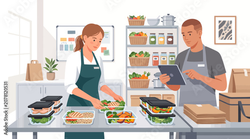 Two chefs preparing fresh dishes in a modern kitchen.