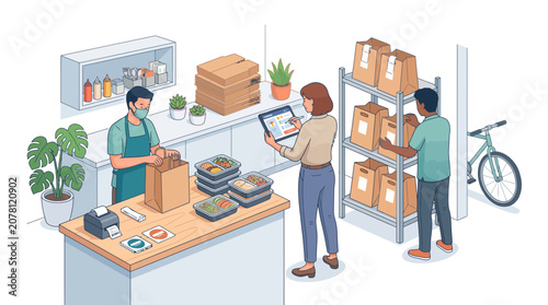 Two people organizing moving boxes in a new home.