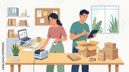 Two professionals collaborating on a project in a modern office.