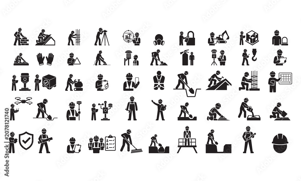 Obraz premium Construction Jobsite Worker Black Glyph Icon SetProfessional black glyph icon set featuring jobsite workers for construction, engineering, infrastructure, and industrial building projects.